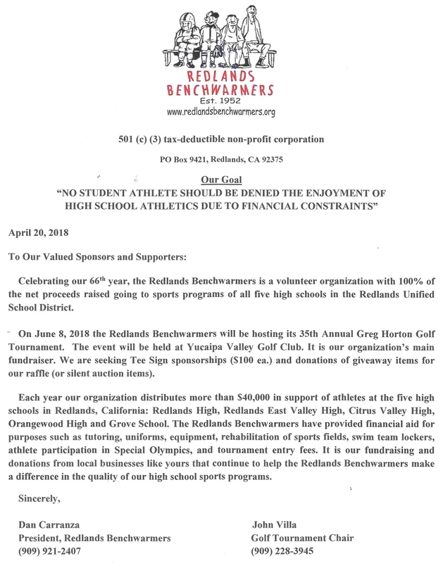 Redlands Benchwarmers Redlands Benchwarmers 35th Annual Greg Horton